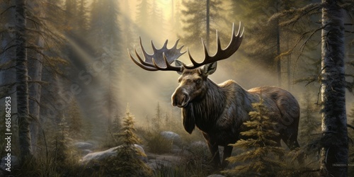 majestic elk in the foggy forest with beautiful lighting from the sun's rays, banner, poster