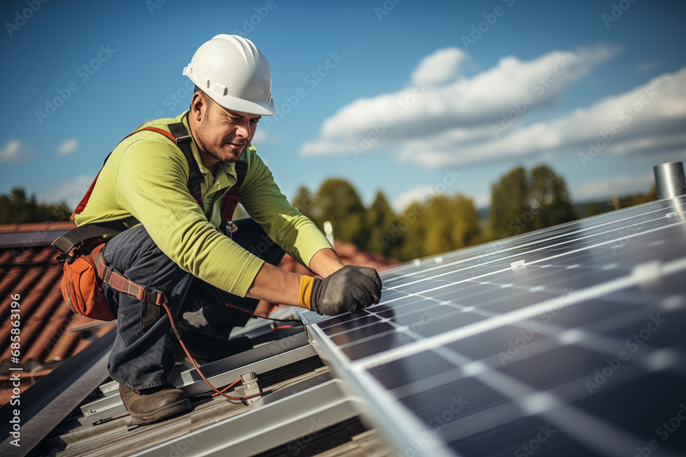 Electrician installing a solar panels energy Electrician installing a solar panels energy