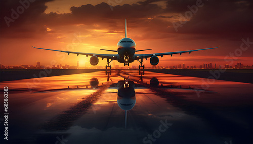 airplane runway, large jetliner, airport runway, landing gear down, Aircraft taxiing, Sunset view, dramatic sky, © elina