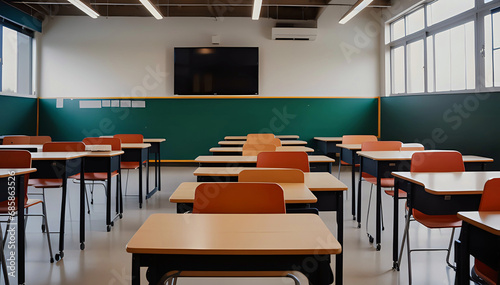 Interior of a classroom with a blackboard, desk, and benches for elementary level students with windows in the morning