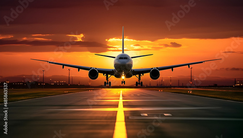 airplane runway, large jetliner, airport runway, landing gear down, Aircraft taxiing, Sunset view, dramatic sky,