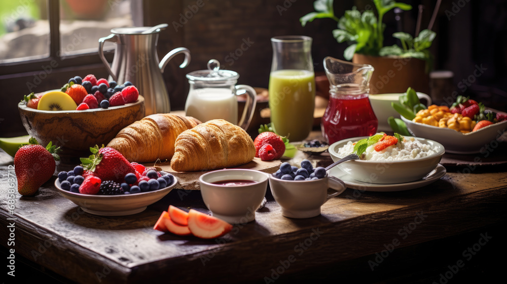 Breakfast spread featuring croissants, assorted berries, cereal, fresh fruits, milk, and a variety of other healthy options on a wooden table bathed in sunlight. - obrazy, fototapety, plakaty 