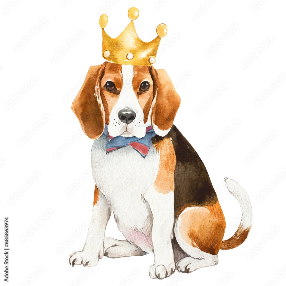 Watercolor drawing of cute beagle dog wearing crown, transparent background