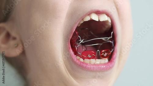 orthodontic appliances for correcting malocclusion in a childs mouth. Removable orthodontic appliances. Wide open mouth with a bite plate installed. Functional devices for aligning bites large photo
