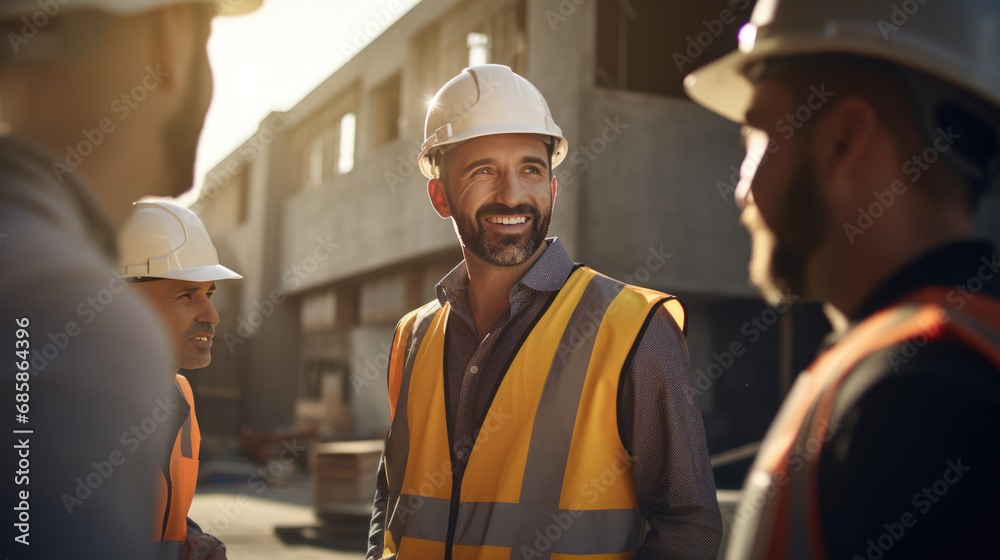 Smiling construction worker, wearing a hard hat,and a reflective vest, stands confidently at a construction site. Smiling construction worker, wearing a hard hat,and a reflective vest, stands confidently at a construction site.