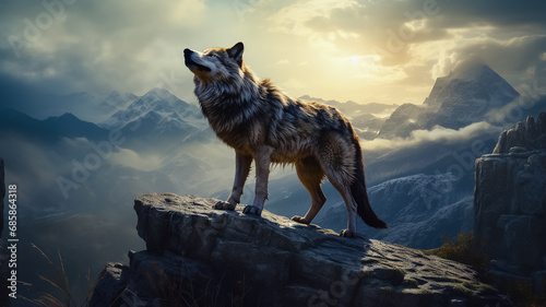 a wolf at the top of the mountains, in winter, meowing, animal power, generative AI