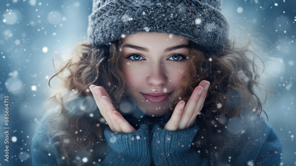 Portrait of a beautiful girl, on a winter background	

