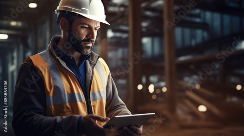 Construction worker with a hardhat and reflective vest is focused on a tablet, possibly reviewing plans or conducting an inspection at a construction site.