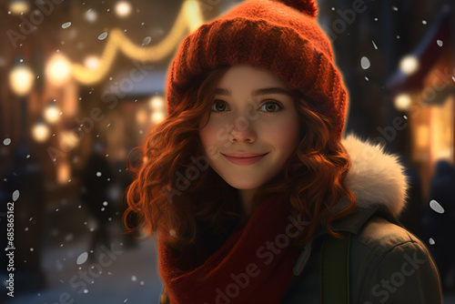 portrait of a beautiful young woman with red hairs in winter in red warm hat on the street its snowing and almost Christmas evening