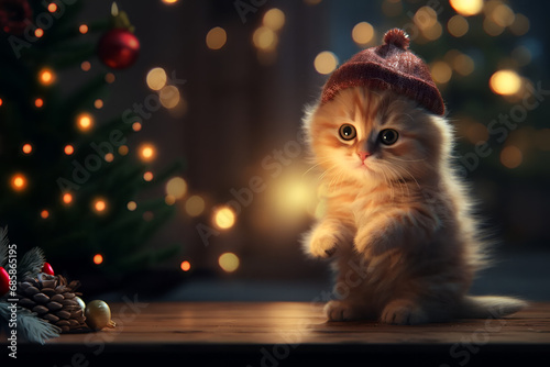 Cute tiny red cat in red hat and christmas tree
