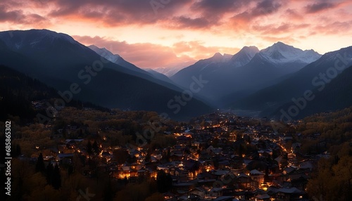 Photo Night City among Hills and Mountains, Wallpaper on the screen, Epic Landscape. Pink purple sky with clouds, mountains with snowy peak.