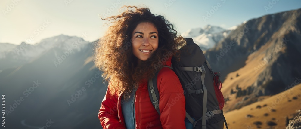 Young beautiful tourist woman with curly hair on top of a mountain. The active woman enjoys the beautiful scenery of the majestic mountains. Travel, adventure.