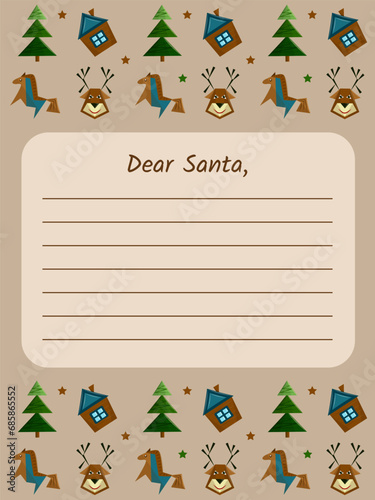 Christmas letter to Santa Claus. Wishing list template, notes. Paper card for Dear Santa. Letter layout with Christmas pattern and Christmas elements.