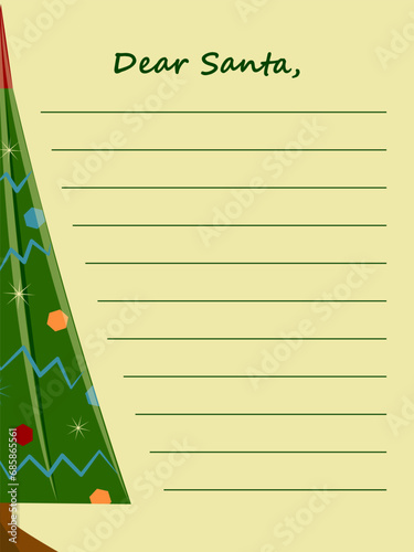 Christmas letter to Santa Claus. Wishing list template, notes. Paper card for Dear Santa. Letter layout with Christmas element - Christmas tree.