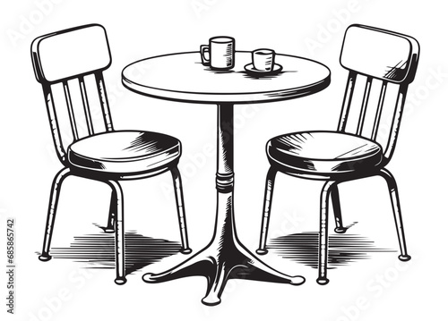 Cafe table with chairs. Hand drawn sketch converted to vector illustration