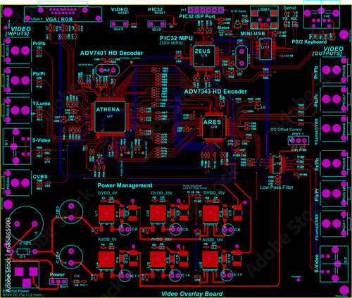 Vector printed circuit board of an electronic 
device with components of radio elements, 
conductors and contact pads placed on it. 
Engineering drawing.
