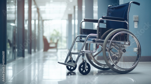 Empty wheelchair positioned in a brightly lit, clean hospital corridor, suggesting themes of healthcare and accessibility. © MP Studio