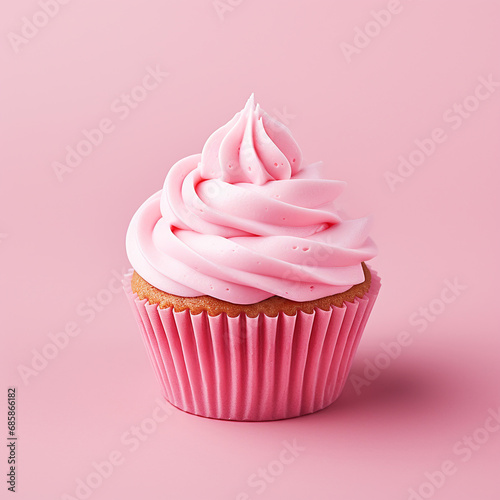 Delicious cupcake with butter cream on a pink background. Square..Close up. Generative Al..