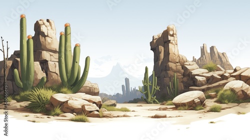 Cartoonish illustration of desert valley landscape, hot summer's day, canyon of eroded rock formations and Saguaro cactus plants with distant mountains and hills.