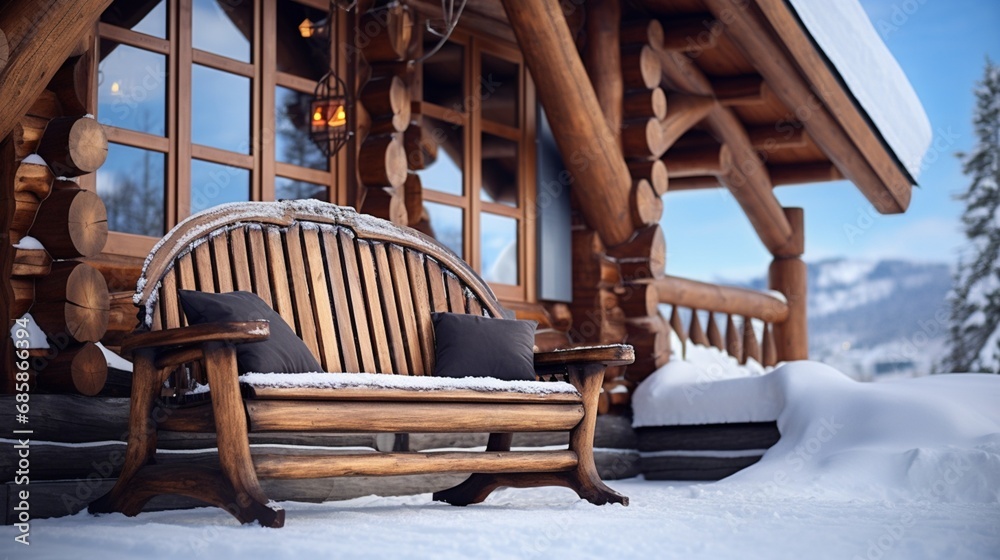 A wooden sled perched against a cabin porch, awaiting the next adventure in the snowy wonderland.