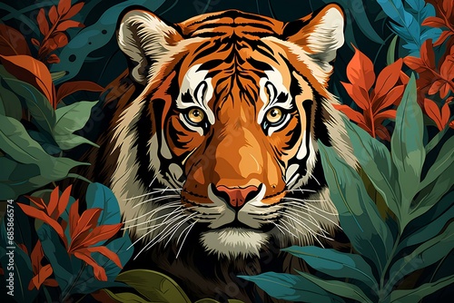 tiger in a jungle with foliage for decorative print  close-up intensity  animated illustrations  orange and brown  captivating visual storytelling. generative AI
