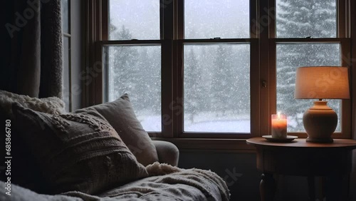 Cozy room with candle and warm lighting lamp on the desk. Snowflakes and woods outside the window. Loop animation video. Zoom backgrounds. Rest and tranquil atmosphere.