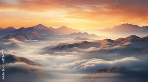 Top view of mountains landscape at sunset with fog, sunset, God Rays, drone view
