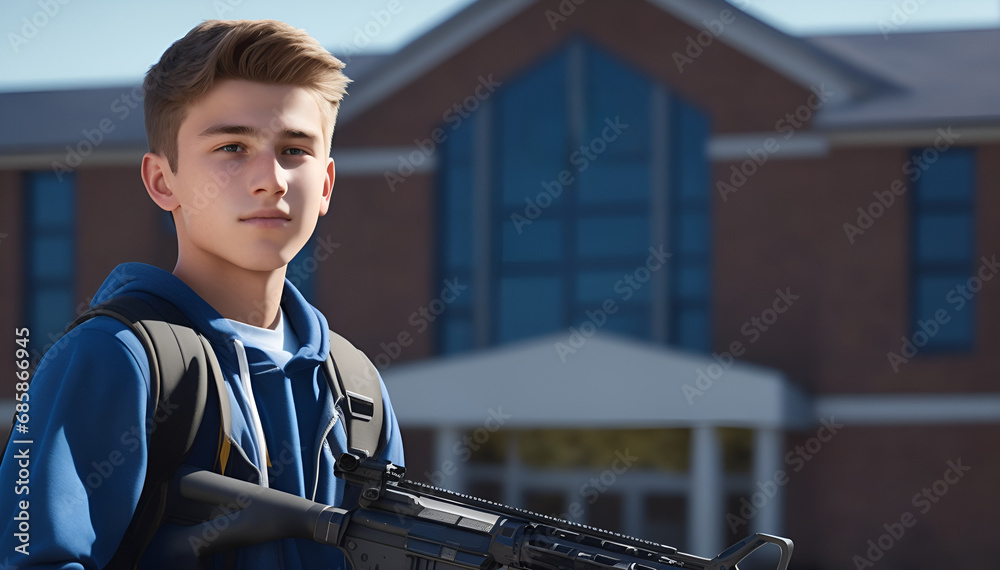 Portrait of a male teenager holding a rifle outside school. School shooting and mass shooting dramatic social issue - obrazy, fototapety, plakaty 