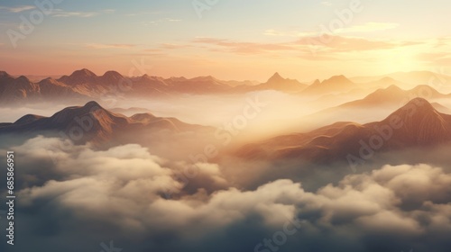 Top view of mountains landscape at sunset with fog  sunset  God Rays  drone view