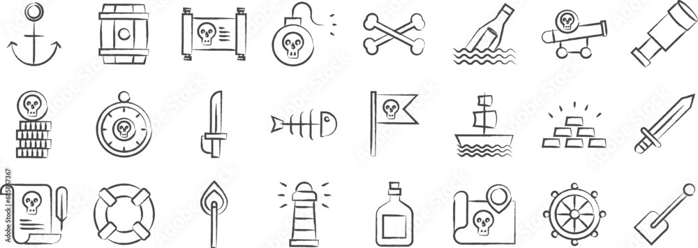 Pirate and robs hand drawn icons set, including icons such as Anchor, Beer, Barrel, Bottle, Bone, Cutlass, Galleon, Map, and more. pencil sketch vector icon collection Pirate and robs hand drawn icons set, including icons such as Anchor, Beer, Barrel, Bottle, Bone, Cutlass, Galleon, Map, and more. pencil sketch vector icon collection