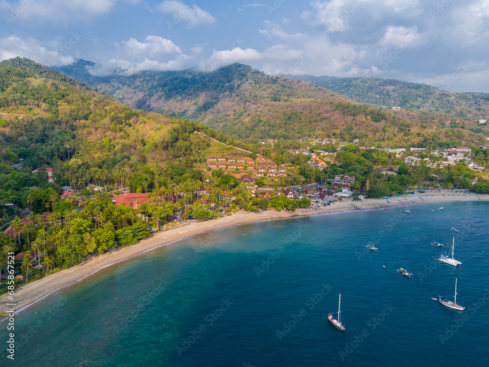 Aerial view of coastline in Lombok Island, West Nusa Tenggara, Indonesia. Beach resort island in east from Bali island