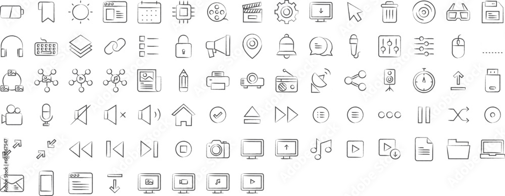 Ui hand drawn icons set, including icons such as Analytics, Bag, Basket, Content, Eye, Music, Record, Play, Pause, Stop, Voice, View, Volume, and more. pencil sketch vector icon collection - obrazy, fototapety, plakaty 