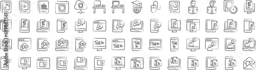 Online education learning hand drawn icons set, including icons such as Audio Book, Book, Cloud Book, Desk,, and more. pencil sketch vector icon collection