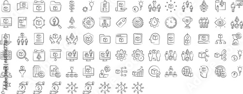Business and marketing management hand drawn icons set, including icons such as Distribution, Comment, Flag, Flow, Computer, Growth, , and more. pencil sketch vector icon collection