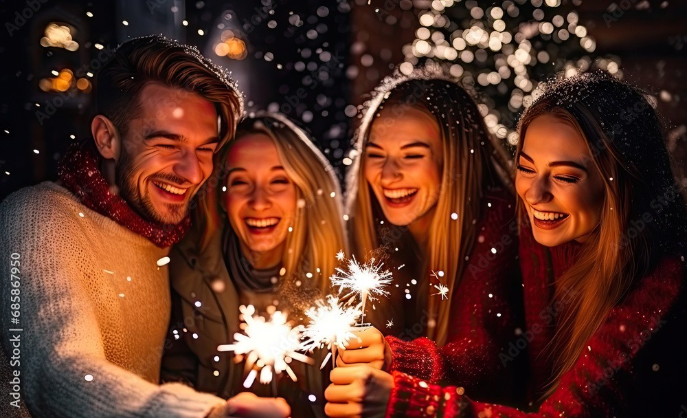Happy Friends with Christmas Sparklers, Fun Winter Party, Xmas Holidays People, Bengal Fire