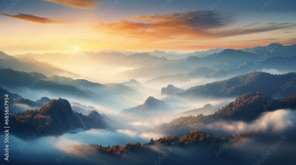 Top view of mountains landscape at sunset with fog, sunset, God Rays, drone view