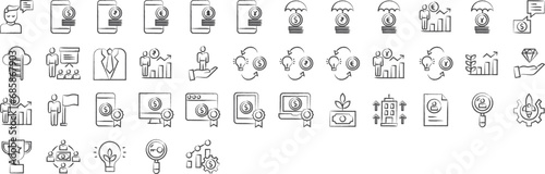 Savings and investment hand drawn icons set, including icons such as Advisor, Cloud, Investor, Investment, Leader,, and more. pencil sketch vector icon collection