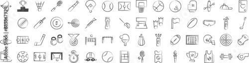 Type of sports and games hand drawn icons set, including icons such as Baseball Bat, Baseball, Badminton, Award, Cricket, , and more. pencil sketch vector icon collection photo