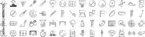 Type of sports and games hand drawn icons set, including icons such as Baseball Bat, Baseball, Badminton, Award, Cricket, , and more. pencil sketch vector icon collection