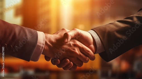 Fingers interlock as a businessman and his legal team firmly shake hands, finalizing an important contract under soft, professional lighting. photo