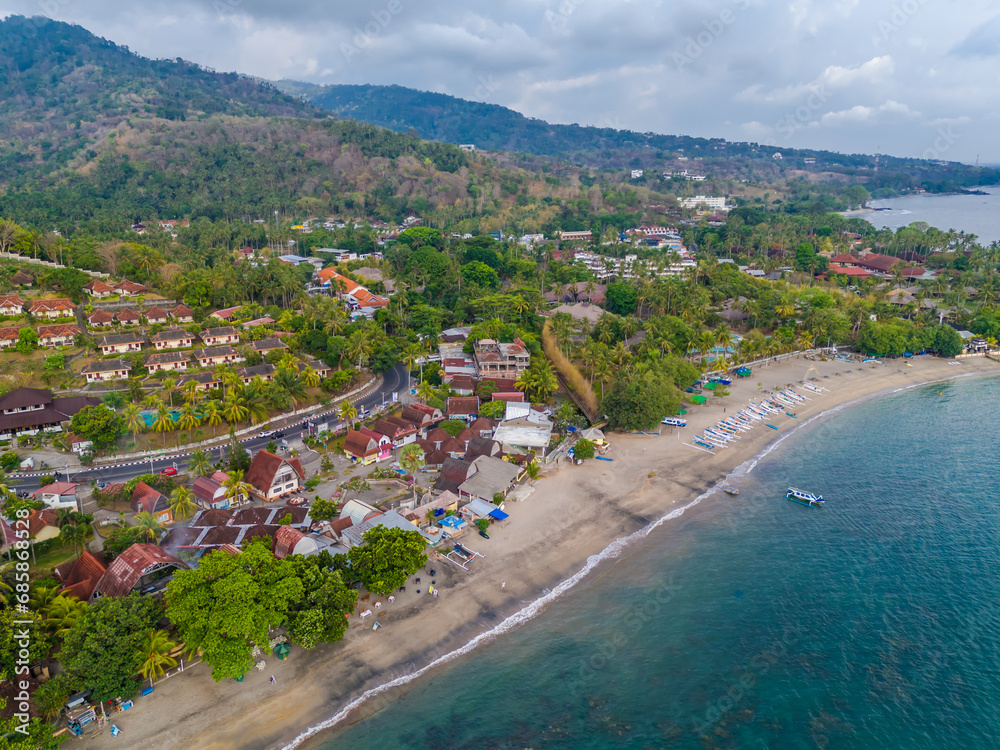 Aerial view of coastline in Lombok Island, West Nusa Tenggara, Indonesia. Beach resort island in east from Bali island