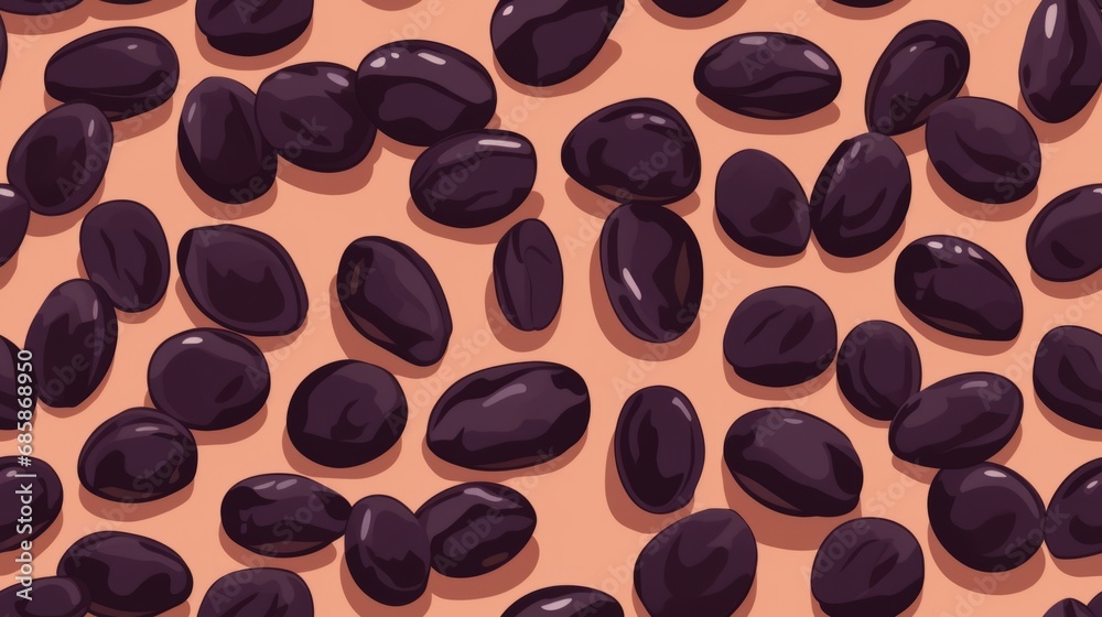 Obraz premium Organic Dried Prunes Fruit Cartoon Horizontal Seamless Background. Healthy Vegetarian Energy Snack. Ai Generated Seamless Background with Delicious Chewy Dried Prunes Fruit Arranged in lines.