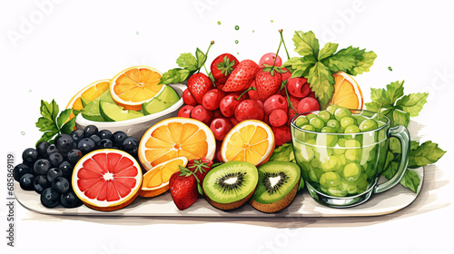 a bunch of fresh fruits and berries, a watercolor drawing. citrus fruits and kiwis, grapes and blueberries.
