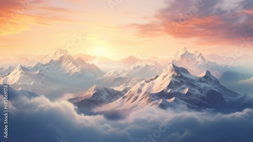 Top view of snowy mountains landscape at sunset with fog, sunset, God Rays, drone view, snow