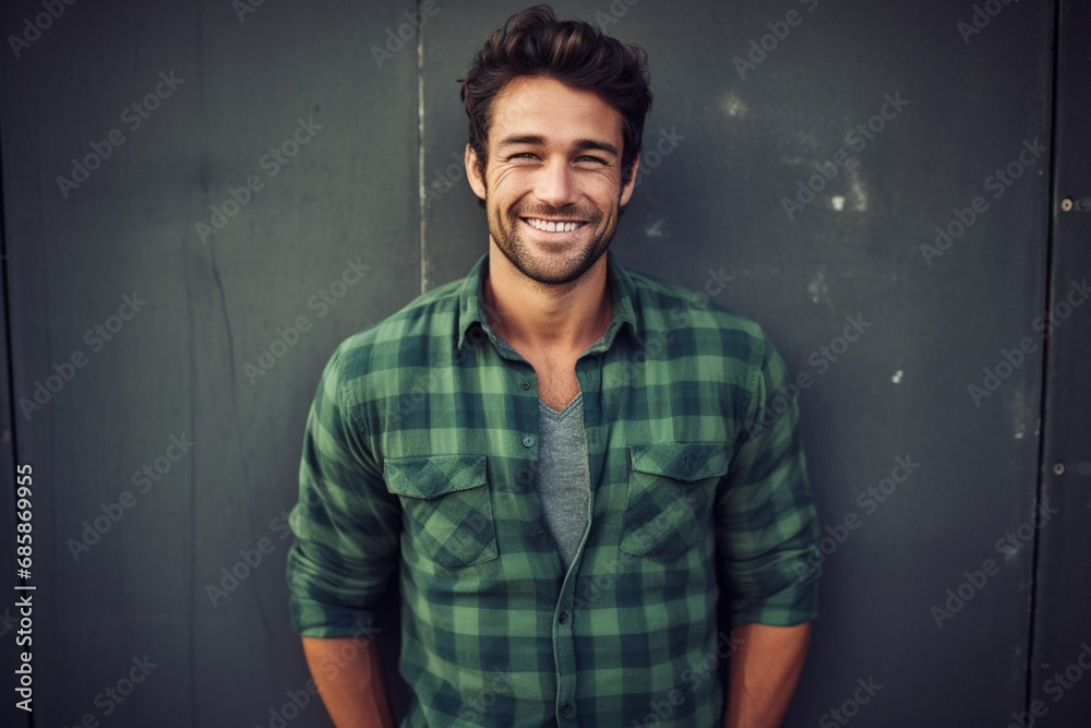 Joyful Casual: Man Smiling in Green Plaid Shirt
