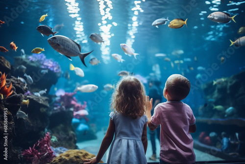 Kinder im Aquarium, rundherum Fische photo