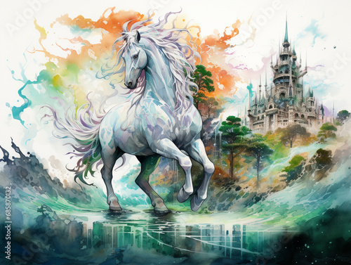 Spectral Sovereign  Enchanted Watercolor Horse   Castle