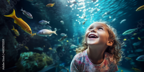 Kind im Aquarium, rundherum Fische photo