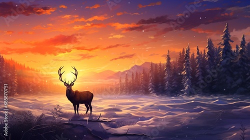 The silhouette of a majestic deer in a snow-covered field, embraced by the radiant colors of the setting sun.