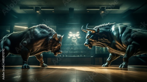 The stock exchange stage is set for a fierce confrontation between a stylishly dressed bull and bear, representing bullish and bearish sentiments. photo